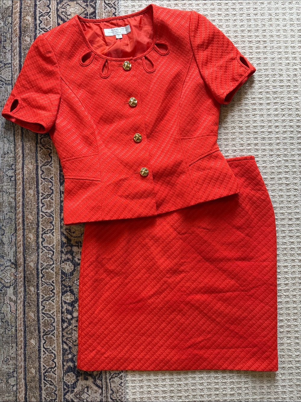 Tahari Arthur S. Levine Red Orange Textured Skirt Suit Gold Buttons Y2K